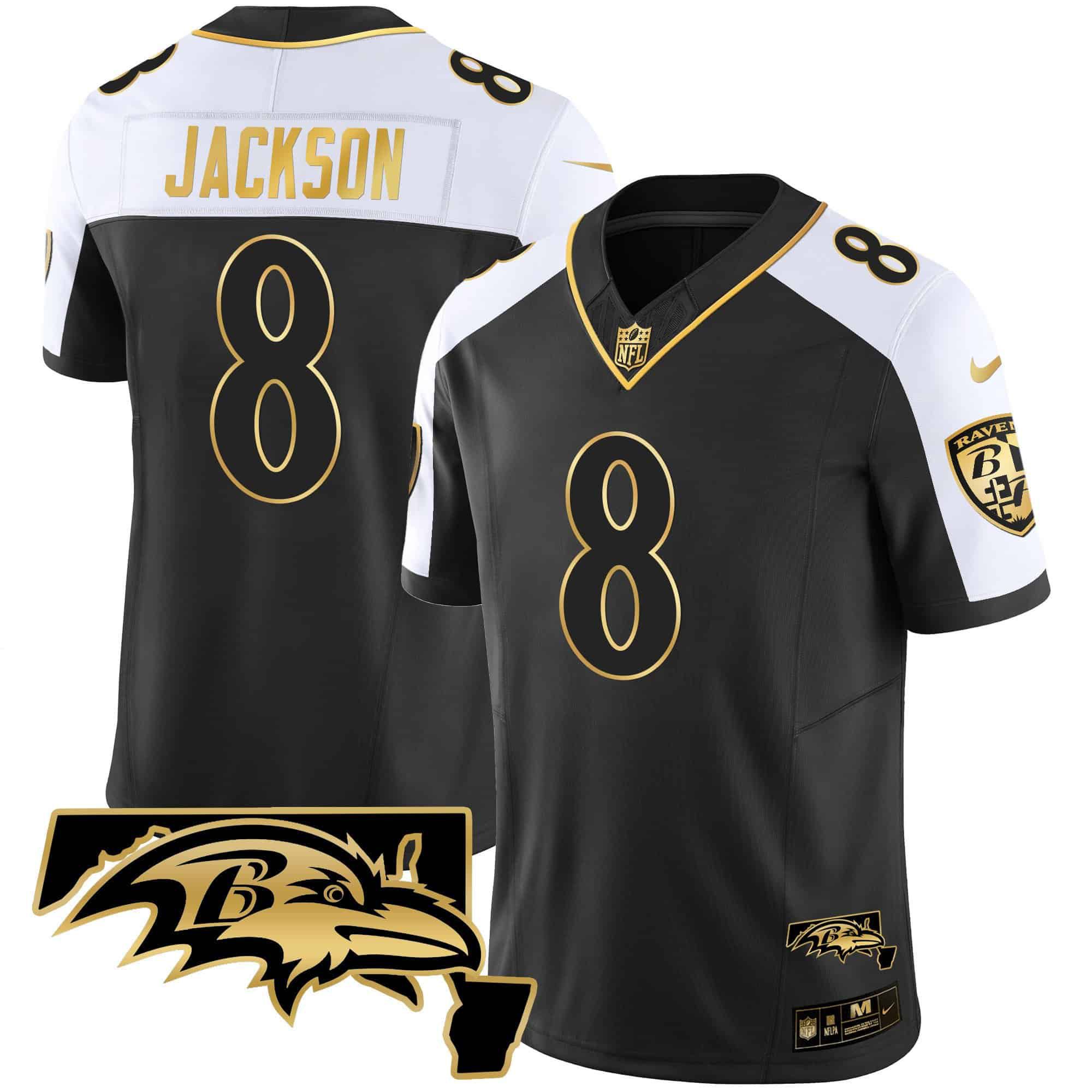 Men Baltimore Ravens 8 Jackson Black Gold 2024 Nike Maryland Patch Vapor Limited NFL Jersey